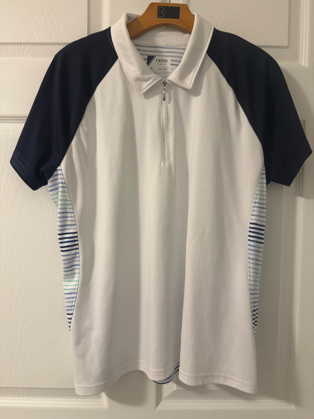 IZOD Golf Men’s XL Performance 1/4 Zip Polo Shirt White Navy Striped Golf Shirt